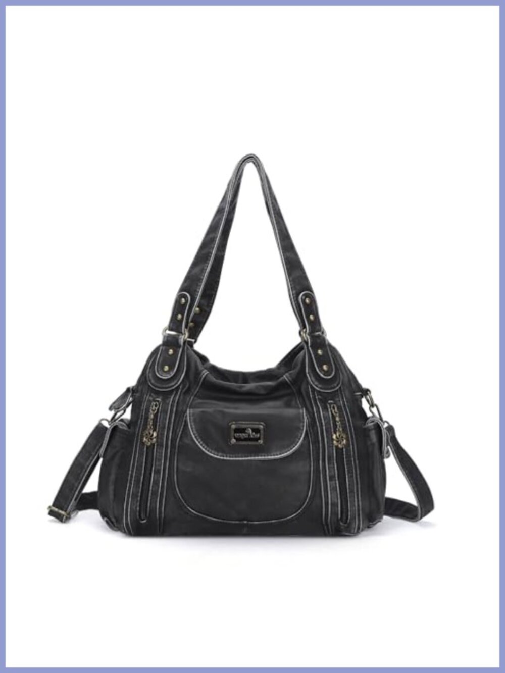 Washed PU Leather Hobo Shoulder Bag Multi-Pocket Satchel Tote Purse